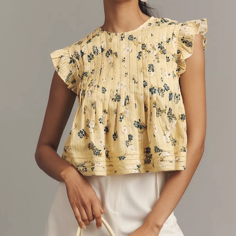 Pilcro Anthropologie Yellow Floral Pintuck Ruffle Blouse XS Sleeveless Top